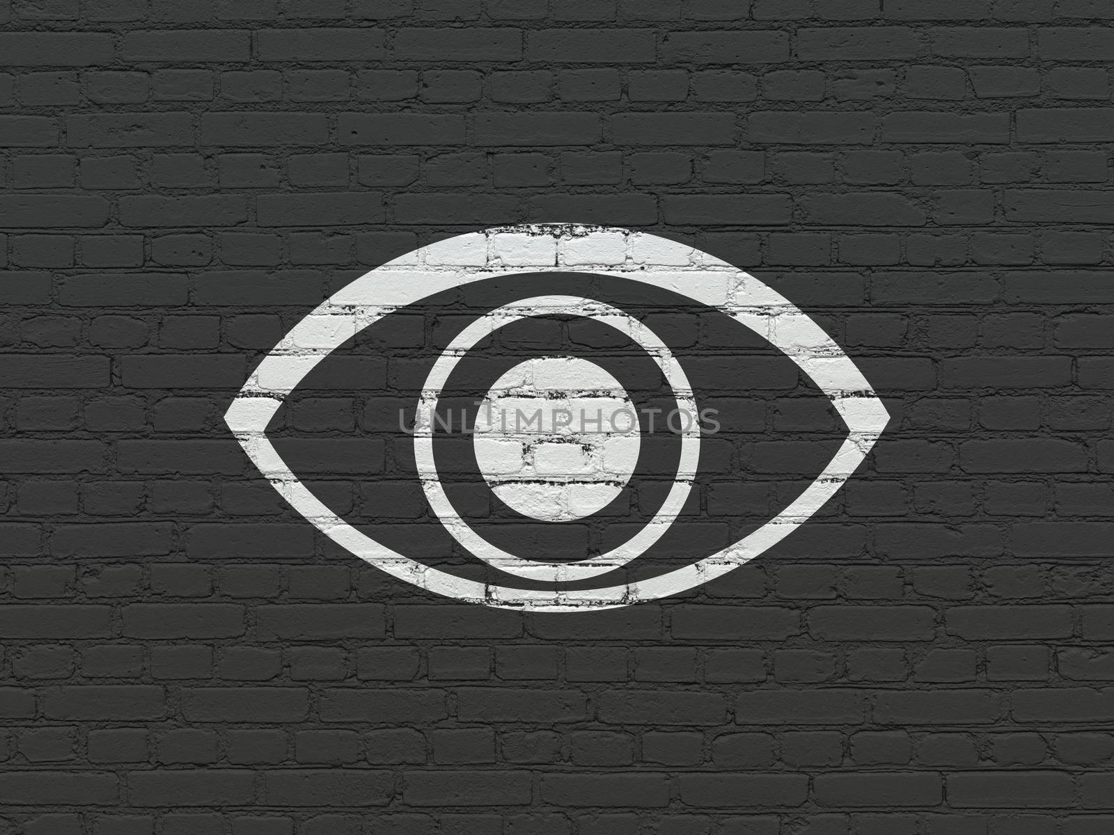 Privacy concept: Painted white Eye icon on Black Brick wall background