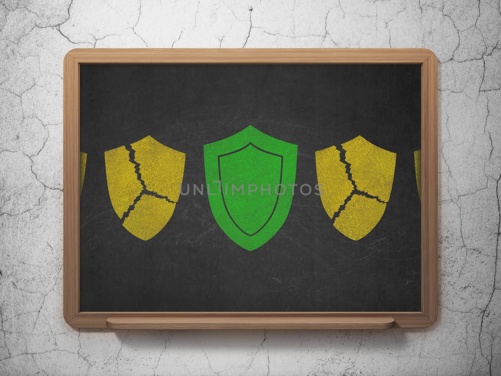 Safety concept: row of Painted yellow broken shield icons around green shield icon on School Board background