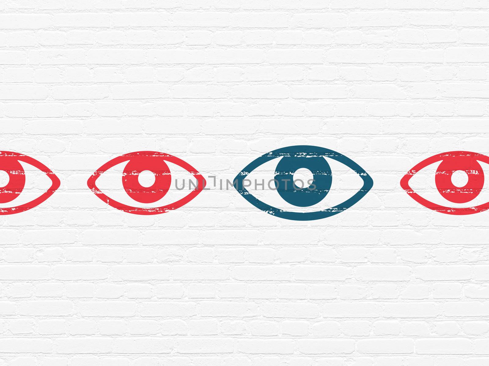 Protection concept: row of Painted red eye icons around blue eye icon on White Brick wall background