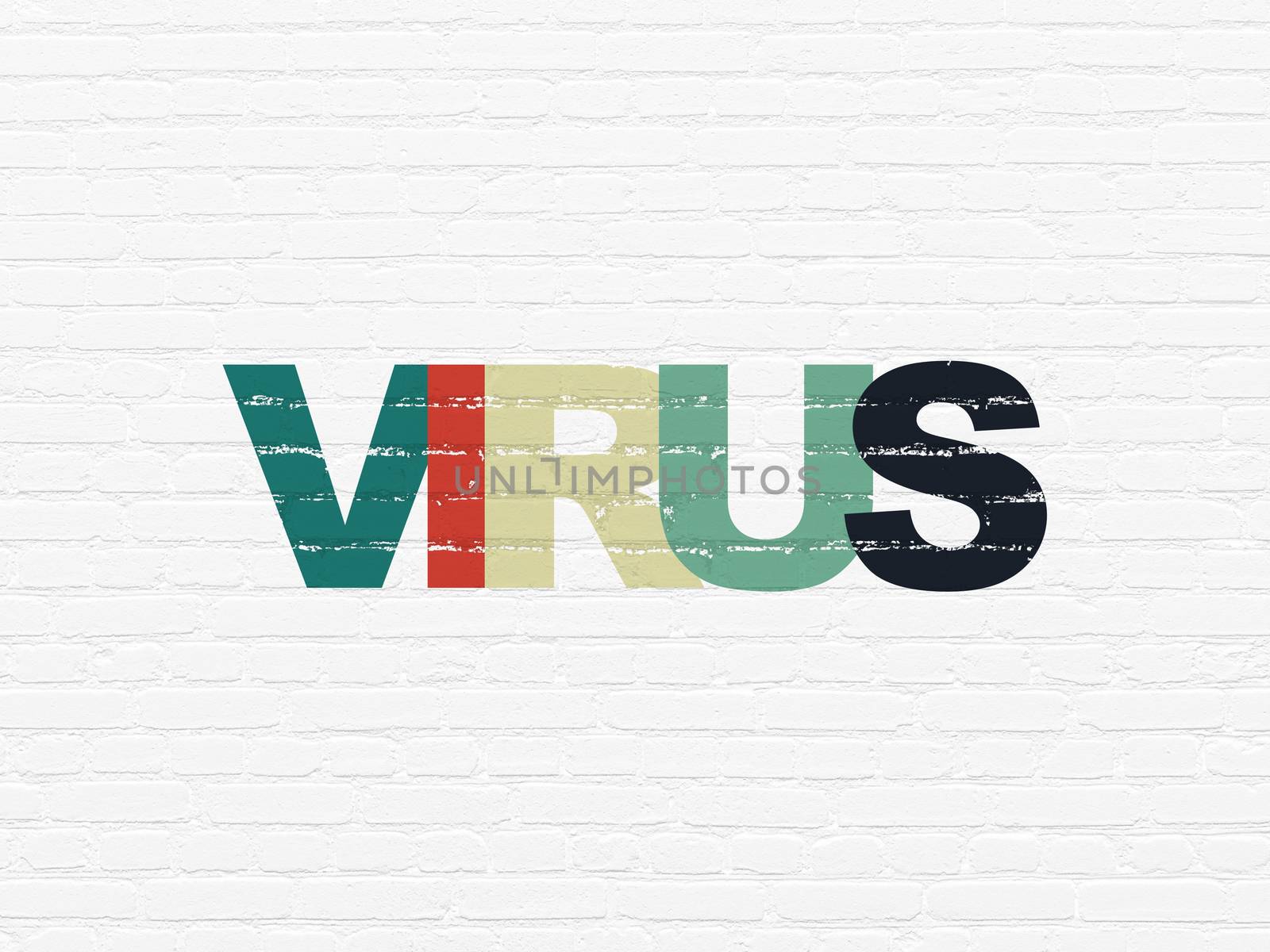 Protection concept: Painted multicolor text Virus on White Brick wall background