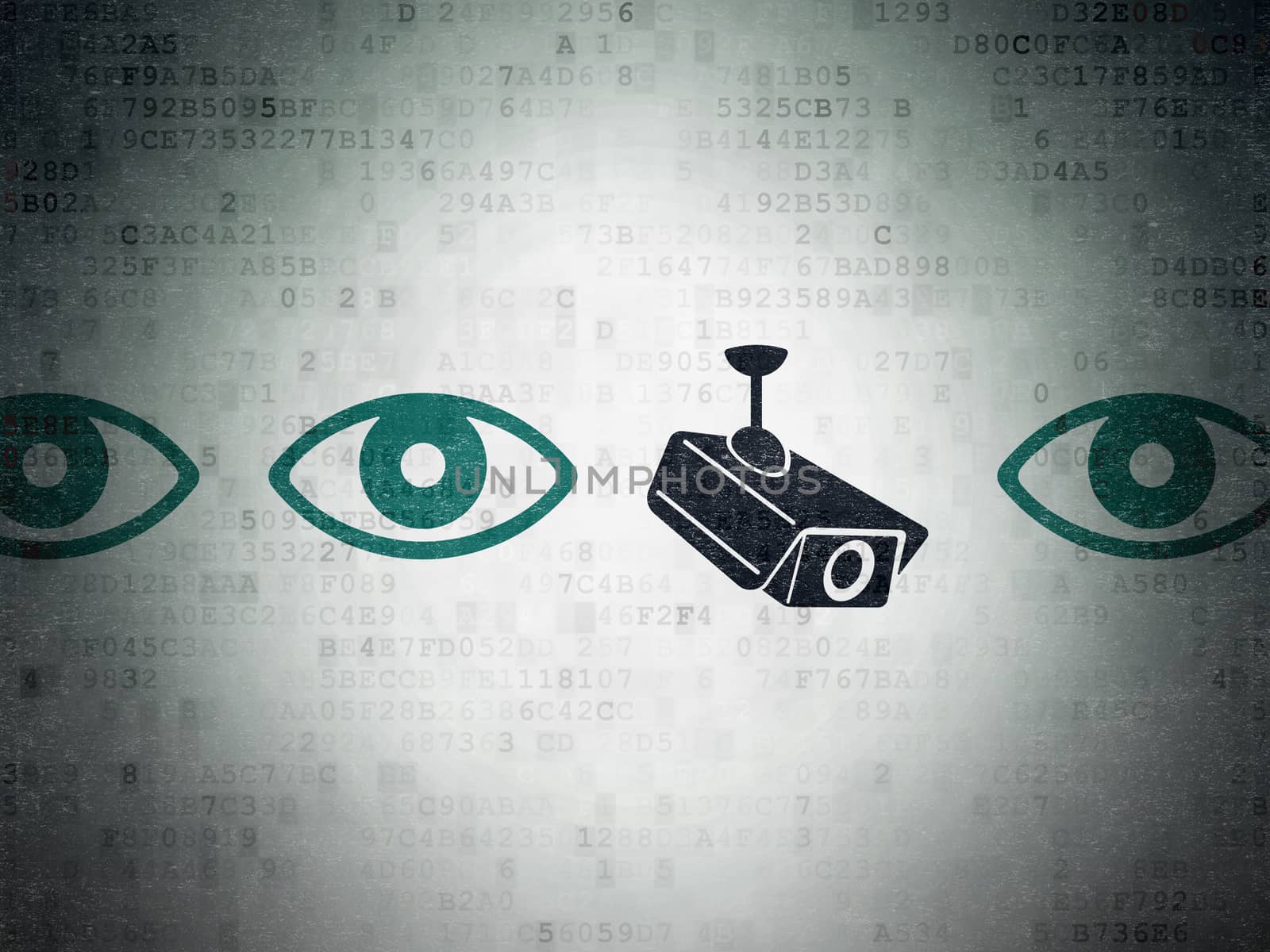 Security concept: row of Painted blue eye icons around black cctv camera icon on Digital Paper background
