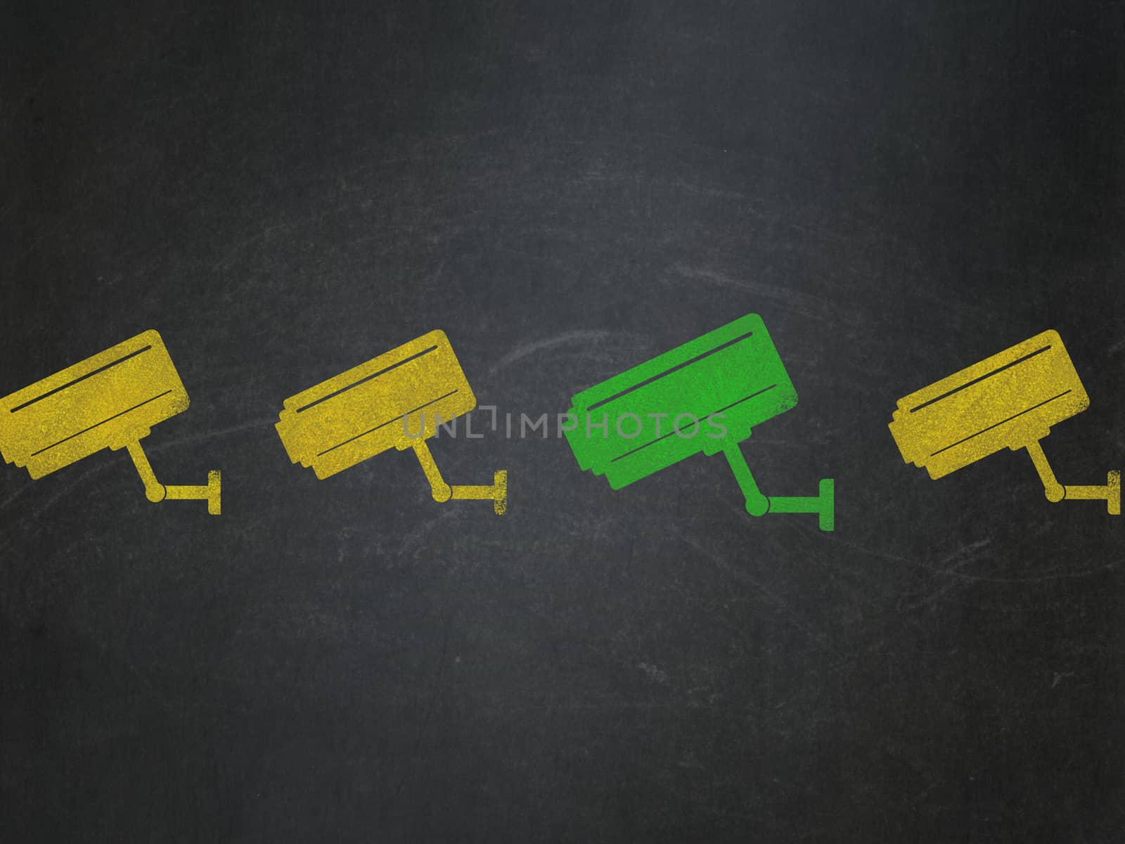Safety concept: row of Painted yellow cctv camera icons around green cctv camera icon on School Board background