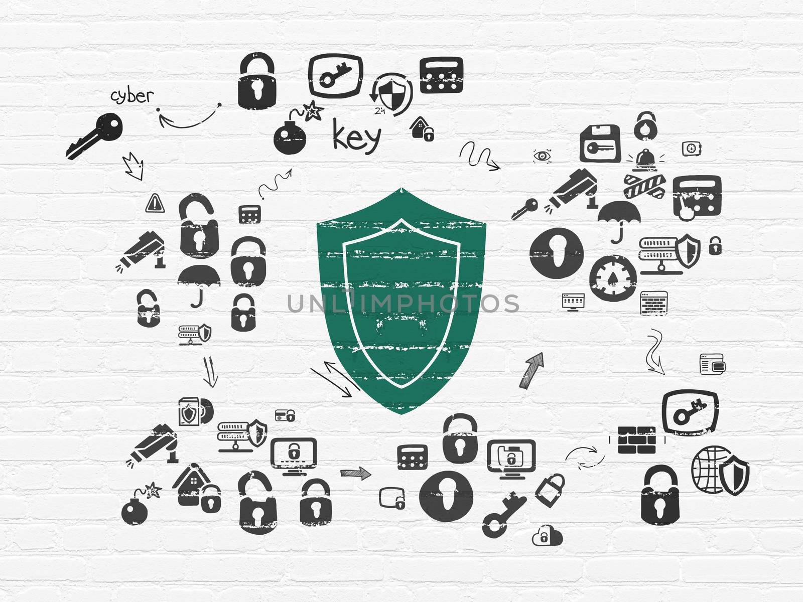 Protection concept: Painted green Shield icon on White Brick wall background with Scheme Of Hand Drawn Security Icons