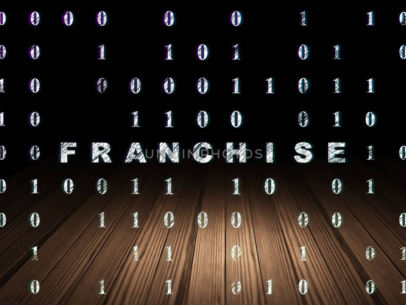 Finance concept: Glowing text Franchise in grunge dark room with Wooden Floor, black background with Binary Code