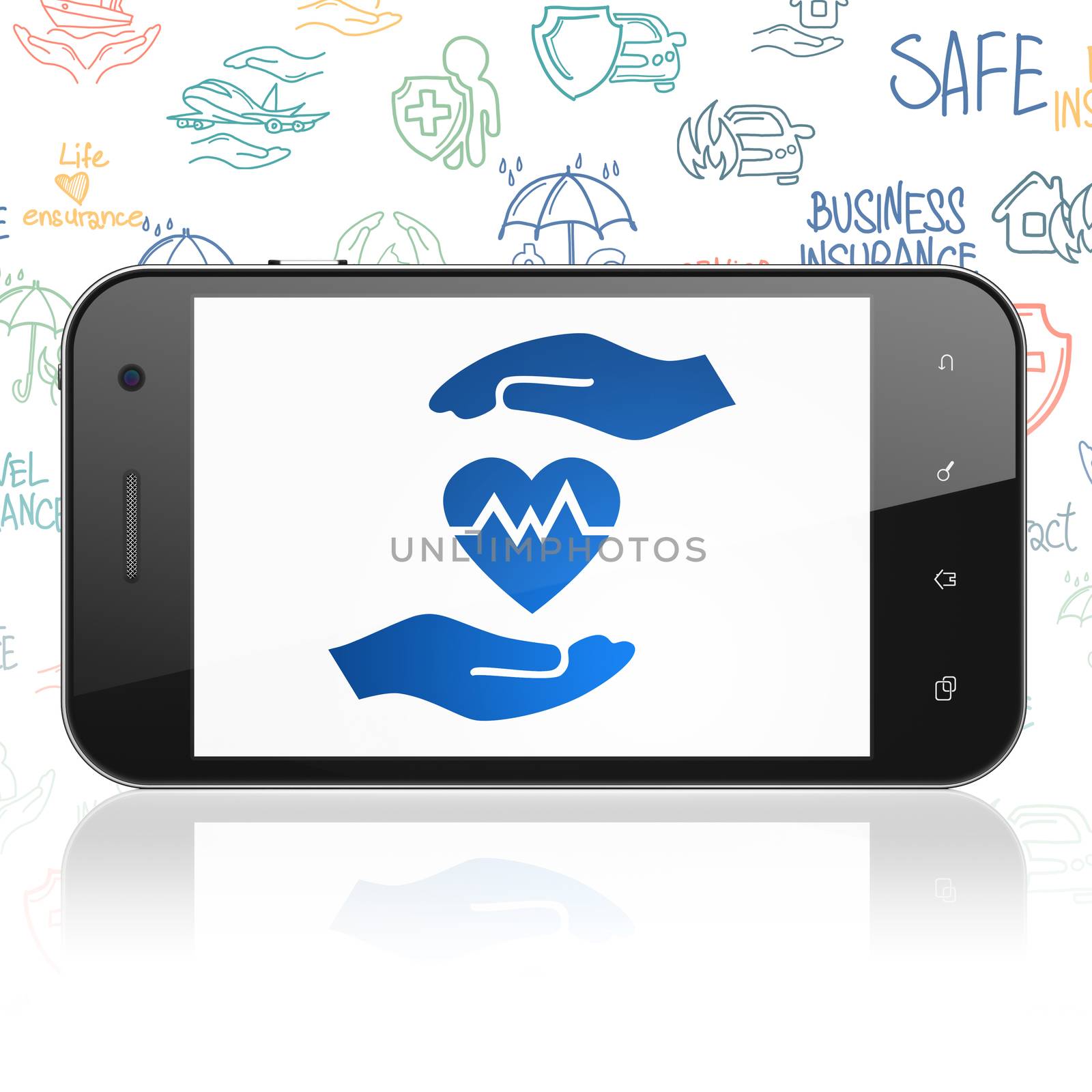 Insurance concept: Smartphone with  blue Health Insurance icon on display,  Hand Drawn Insurance Icons background