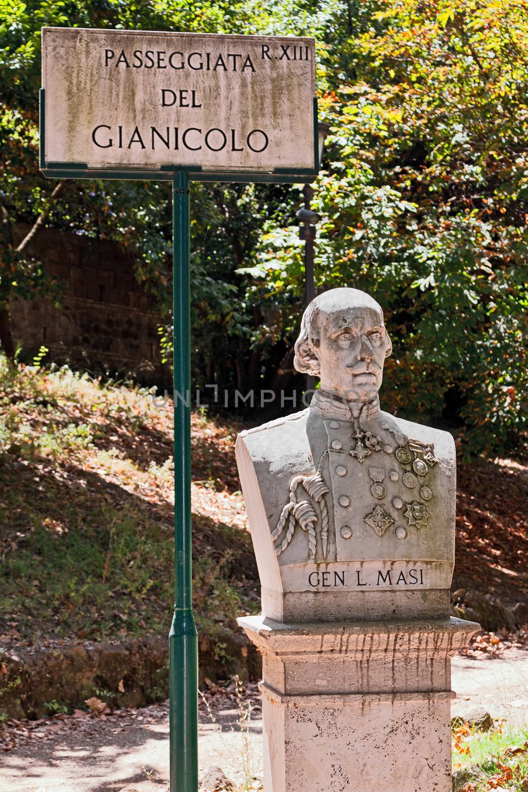 Signboard of the walk gianicolo with the bust of general Luigi Masi