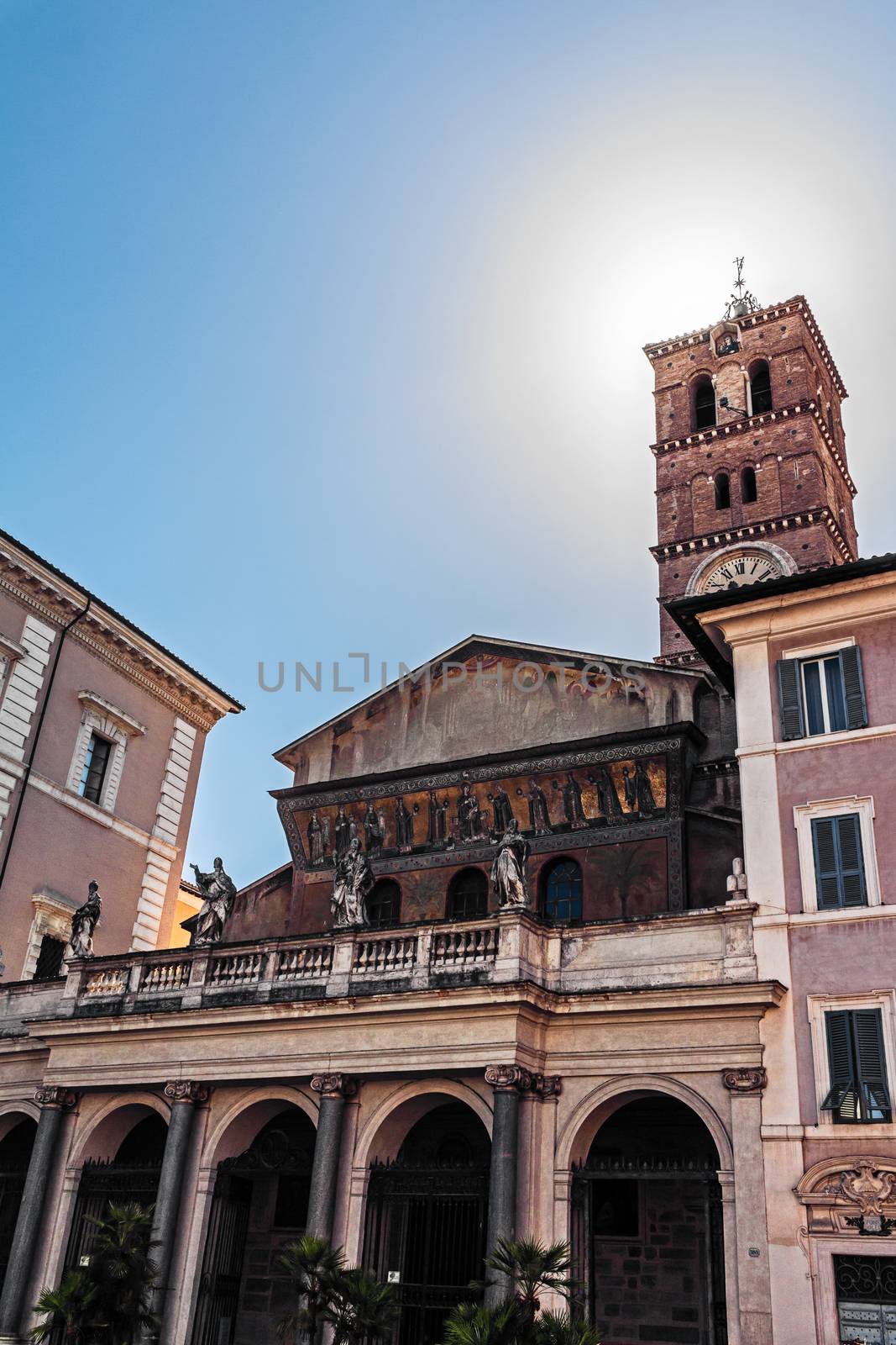 Basilica of santa Maria in Trastevere to rome, photographed in backlight