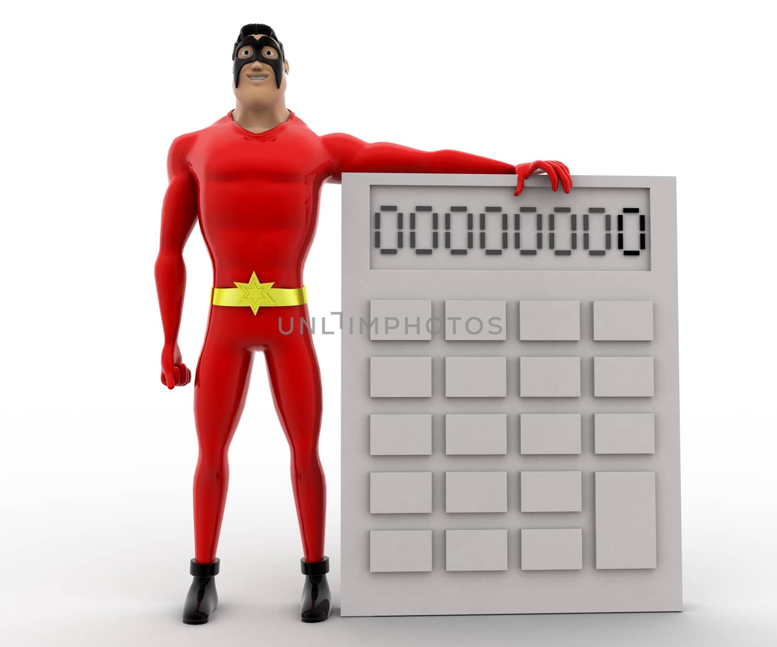 3d superhero  with white calculator concept by touchmenithin@gmail.com