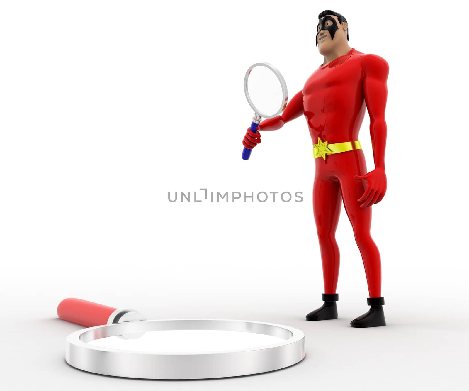 3d superhero  examine magnifying glass with magnifying glass concept on white background, side angle view