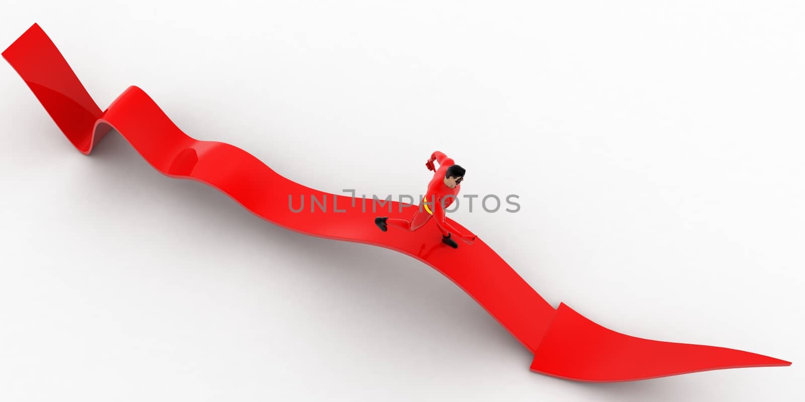 3d superhero  on waving arrow concept on white background,  top angle view