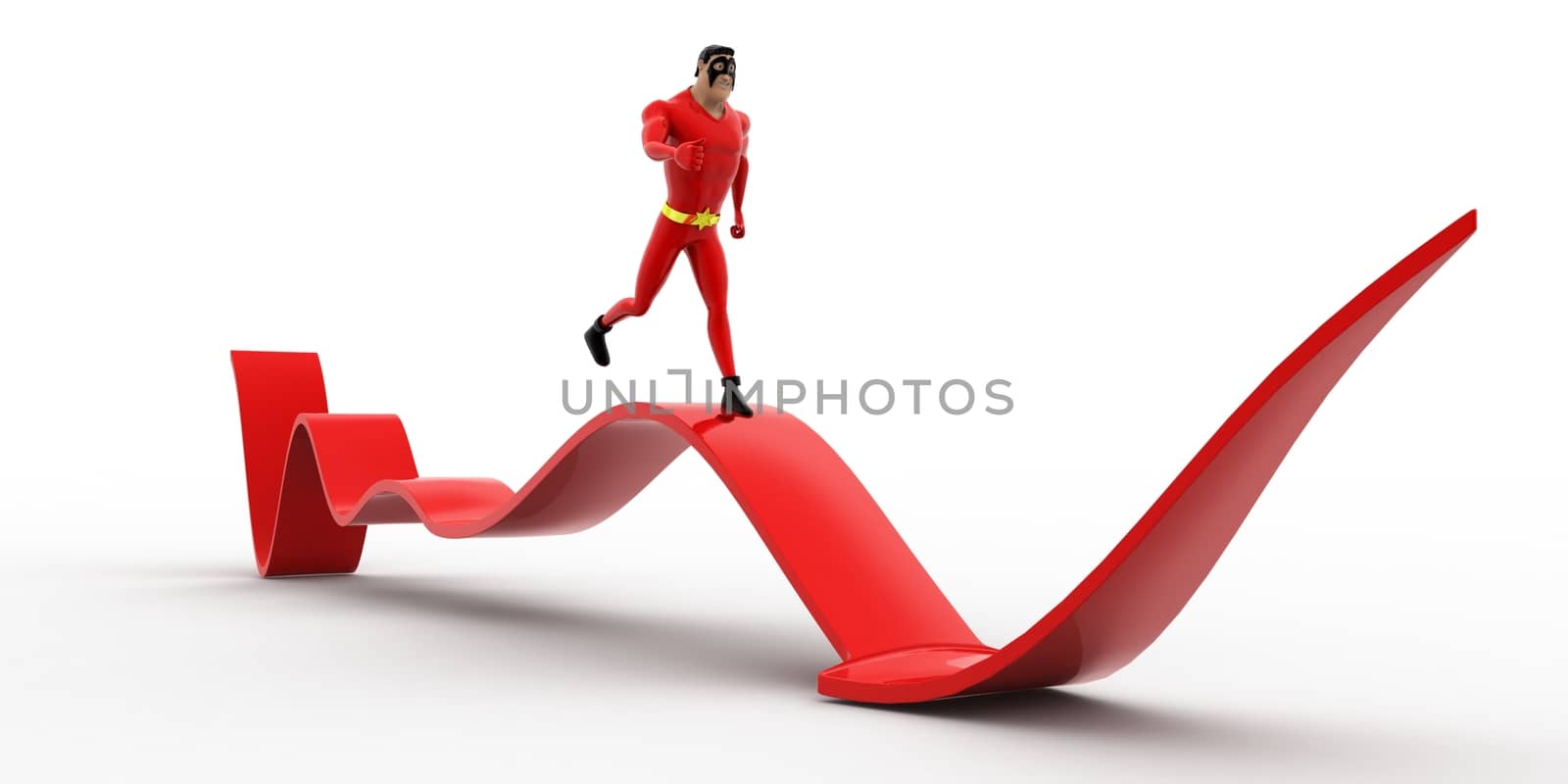3d superhero  on waving arrow concept on white background, front angle view