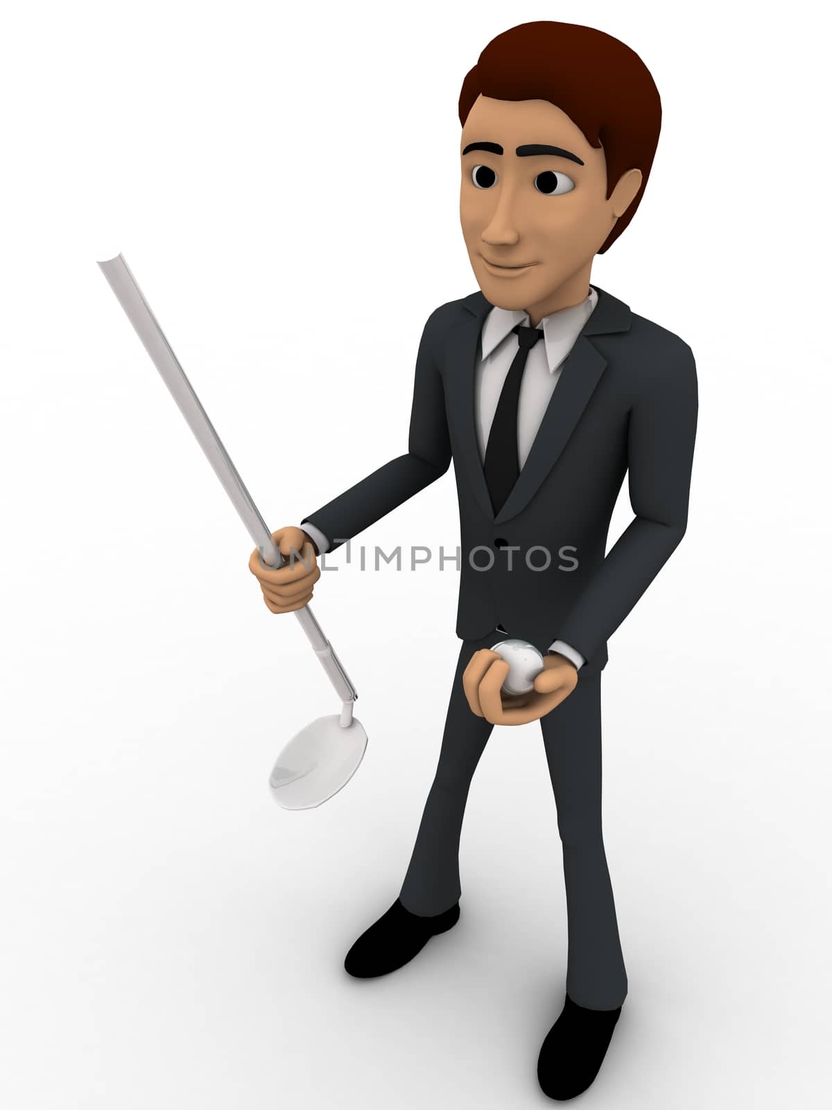 3d man holding golf bat nad ball in hands concept on white background, top angle view