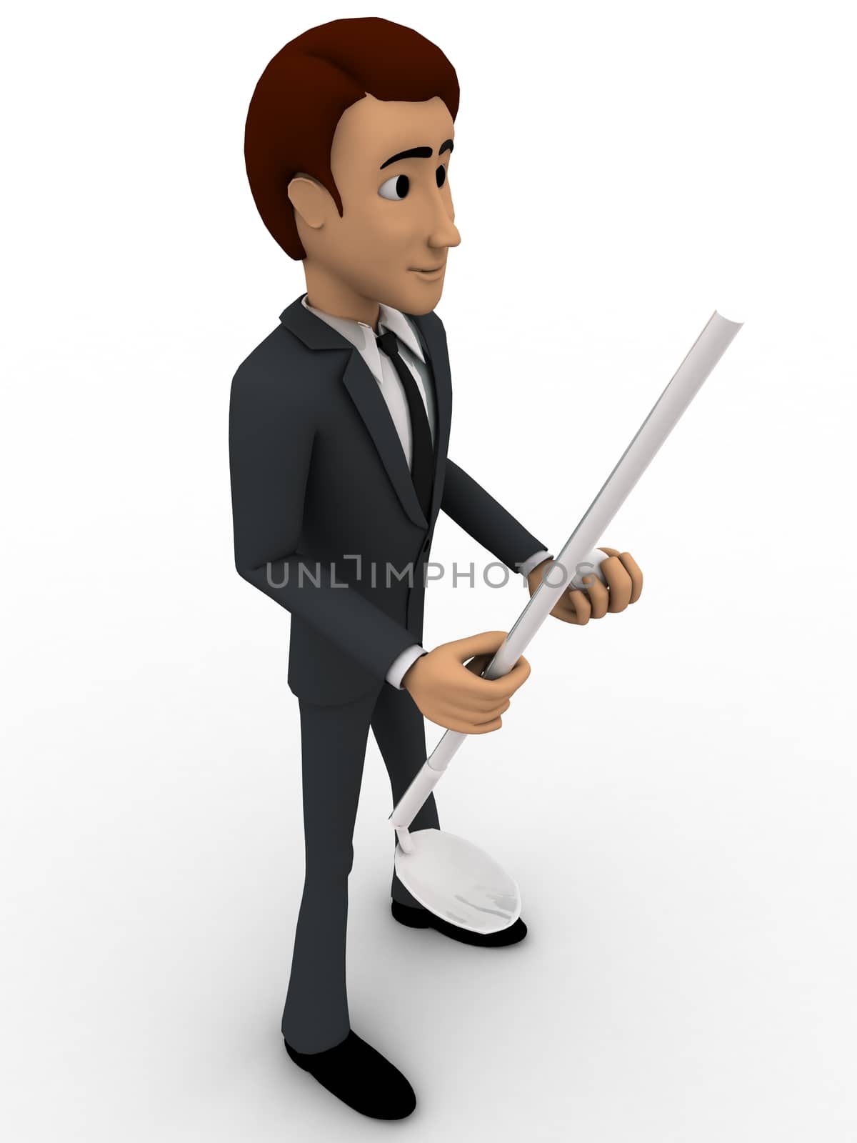 3d man holding golf bat nad ball in hands concept on white background, side angle view
