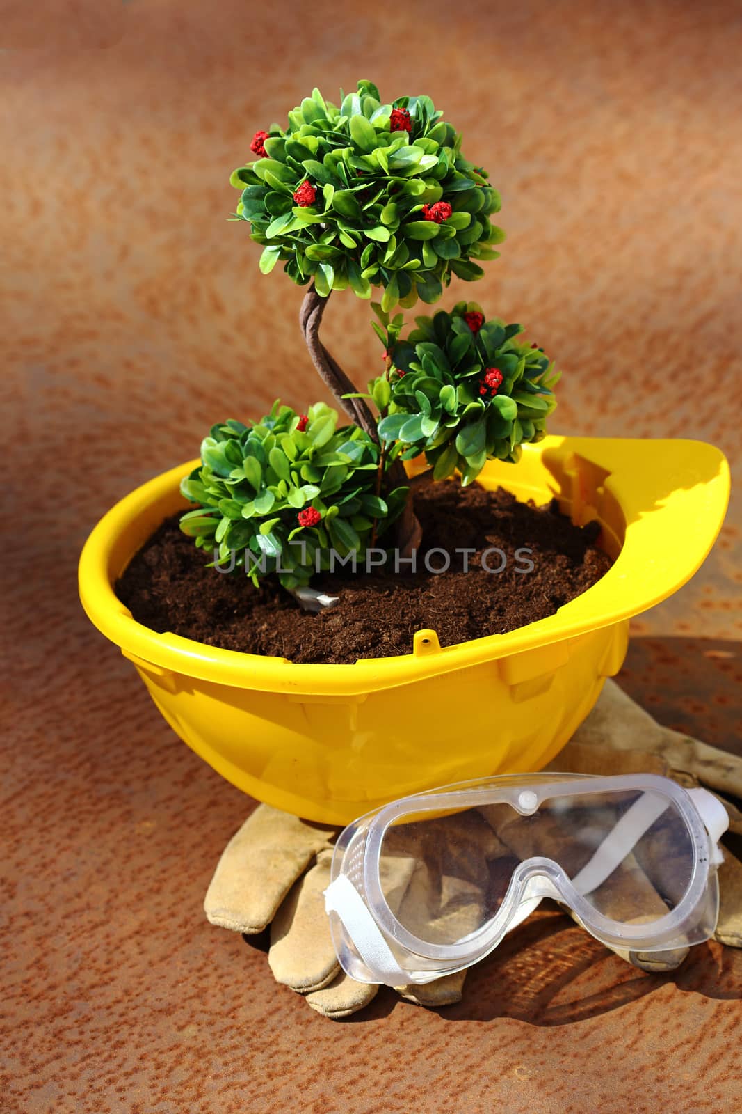 Green plant in yellow helmet on rusty background - environmental friendly industry concept