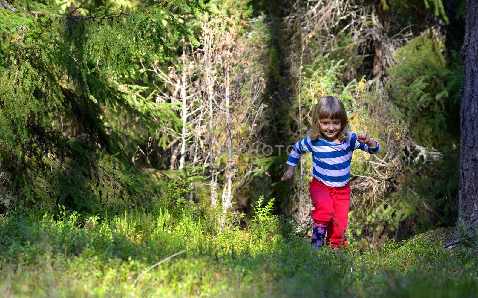 Smiling Happy little girl running on the summer forest  