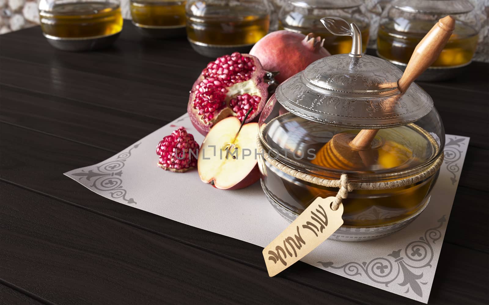 Honey jar with apples and pomegranate for Jewish New Year Holiday by denisgo