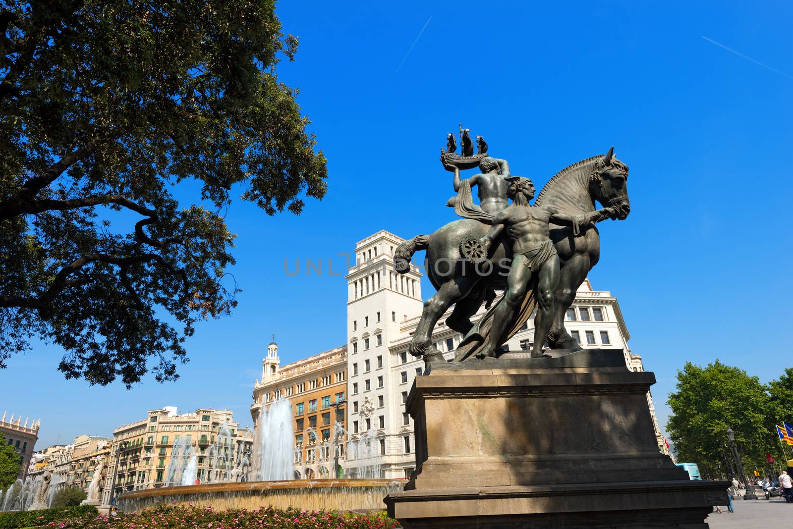 Allegorical monument of Barcelona in Catalunya square, large square in central Barcelona that is generally considered to city center