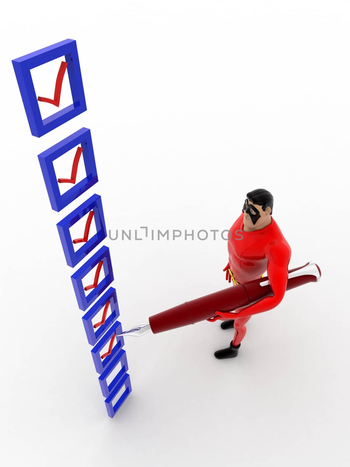 3d superhero  mark on check list with pen concept on white background, top angle view