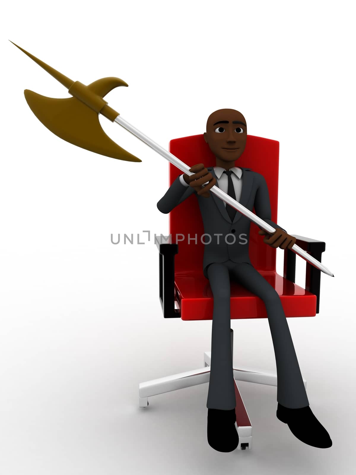 3d man sitting on red chair with axe concept on white background, front angle view