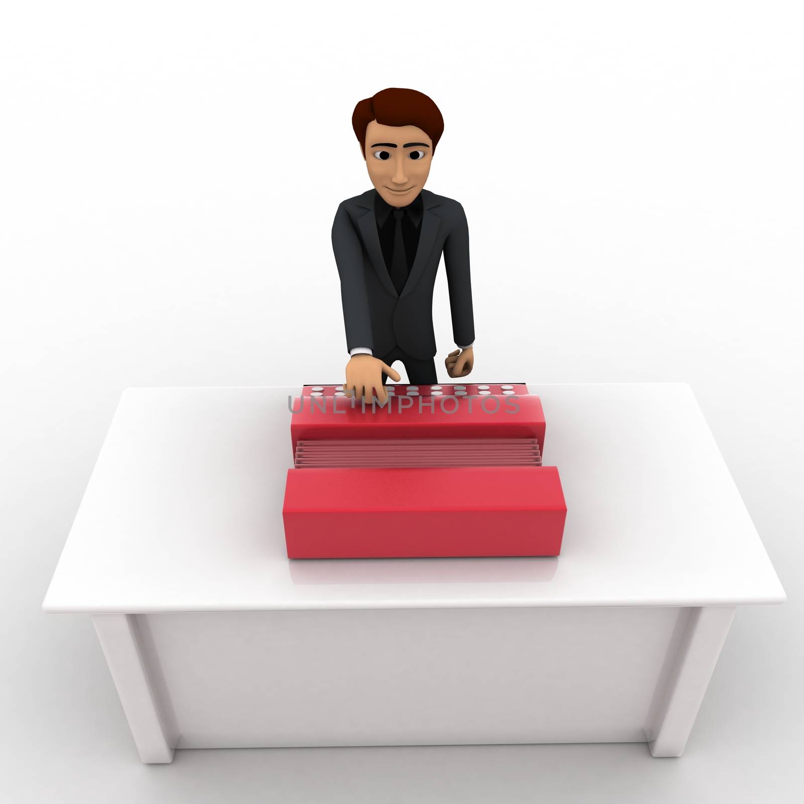 3d man play harmonium concept on white background, front angle view