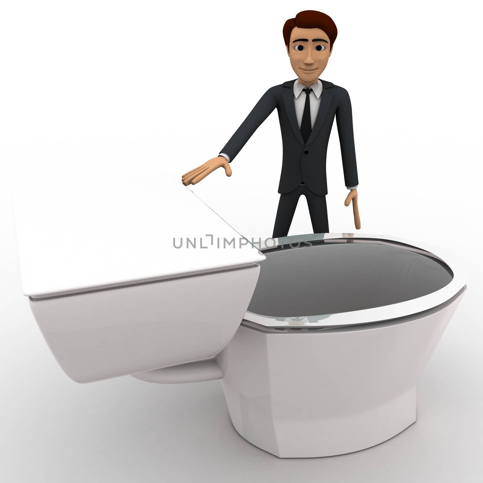 3d man with toilet seat concept on white background, front angle view