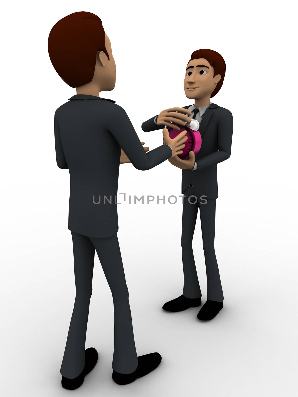 3d man showing pink alarm clock concept by touchmenithin@gmail.com