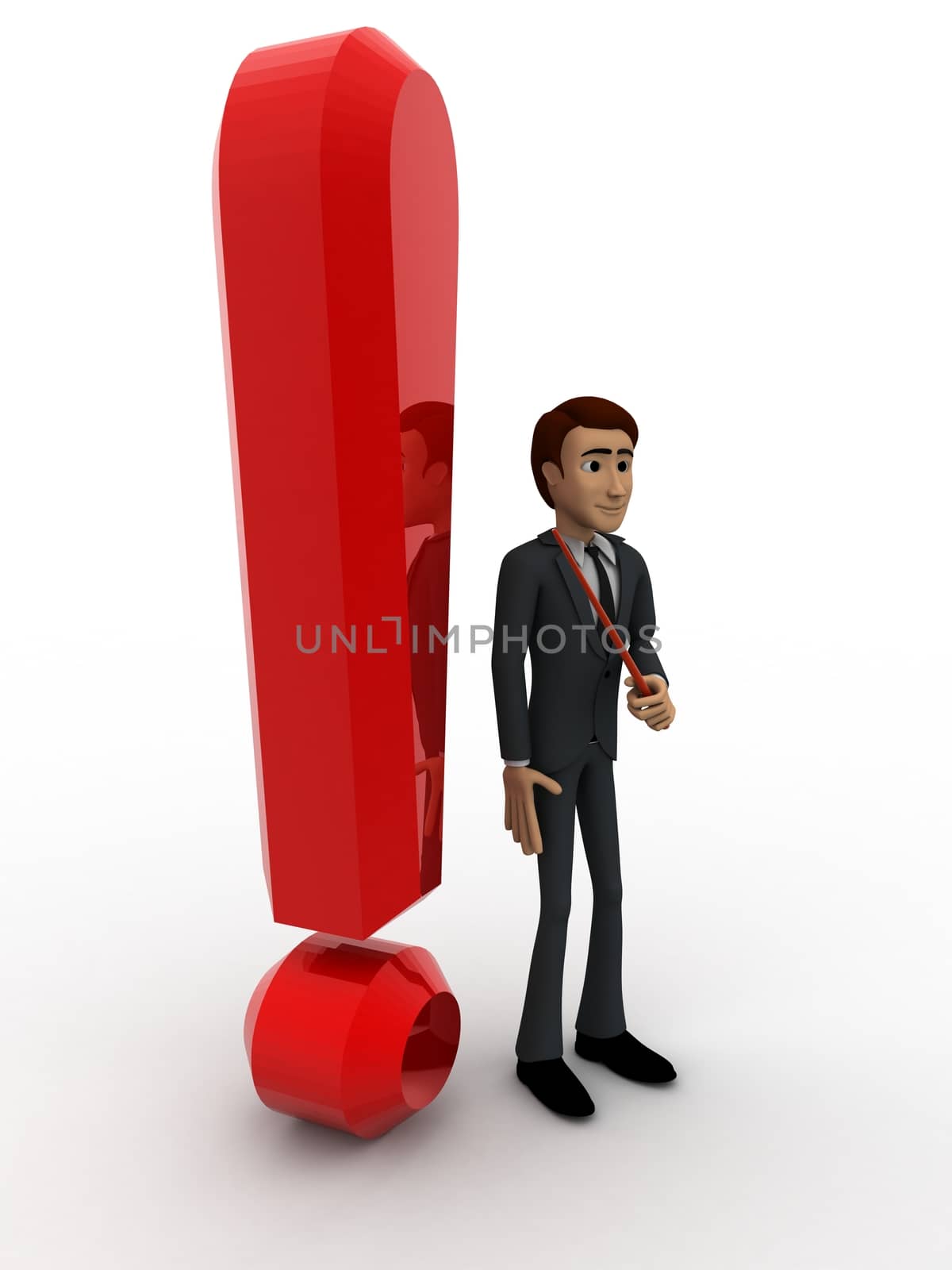 3d man standing aside big red exclamation sign concept on white background, side angle view