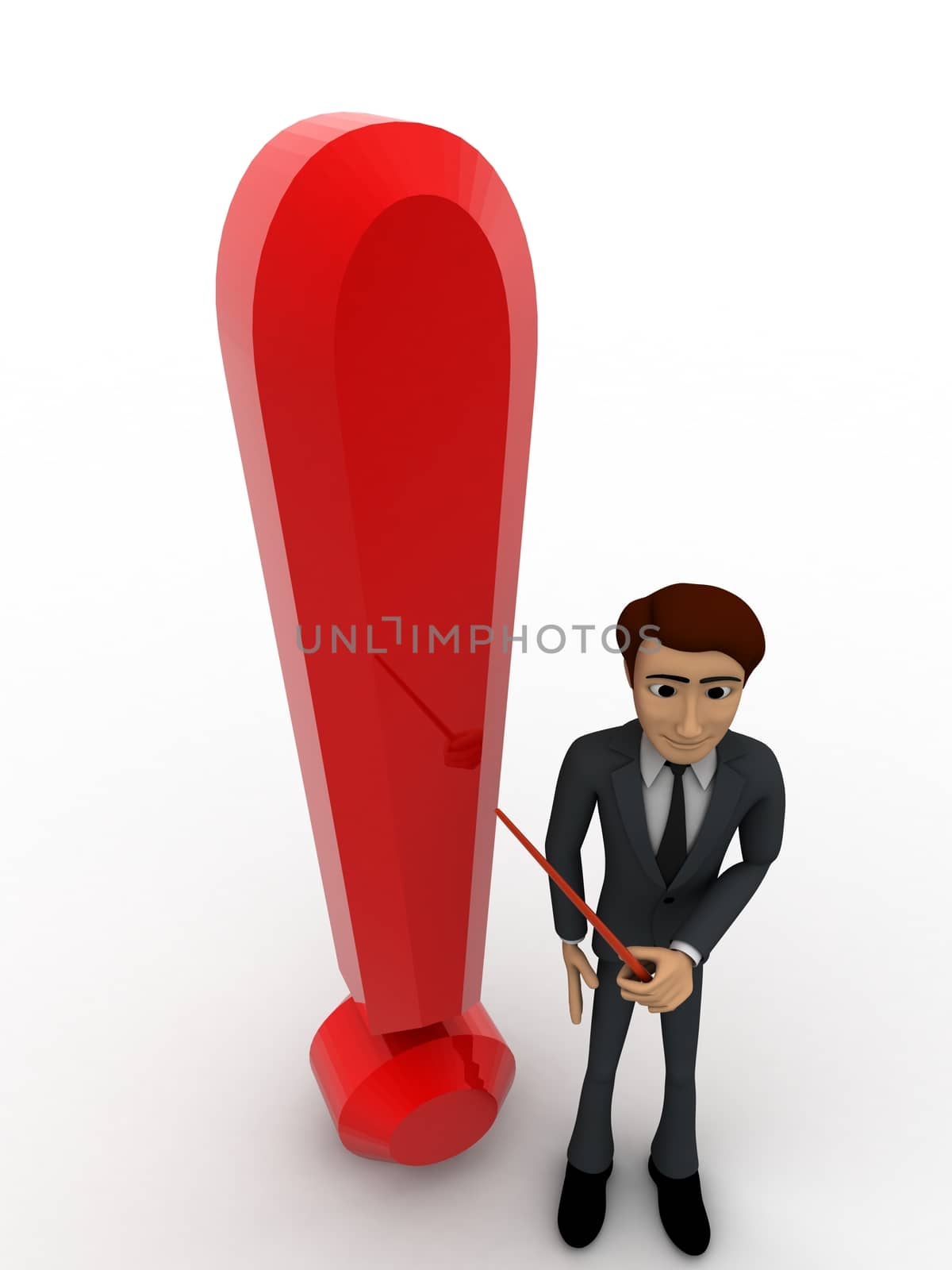 3d man standing aside big red exclamation sign concept on white background, top angle view