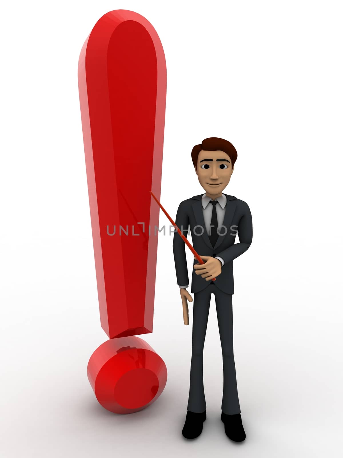 3d man standing aside big red exclamation sign concept on white background, front angle view