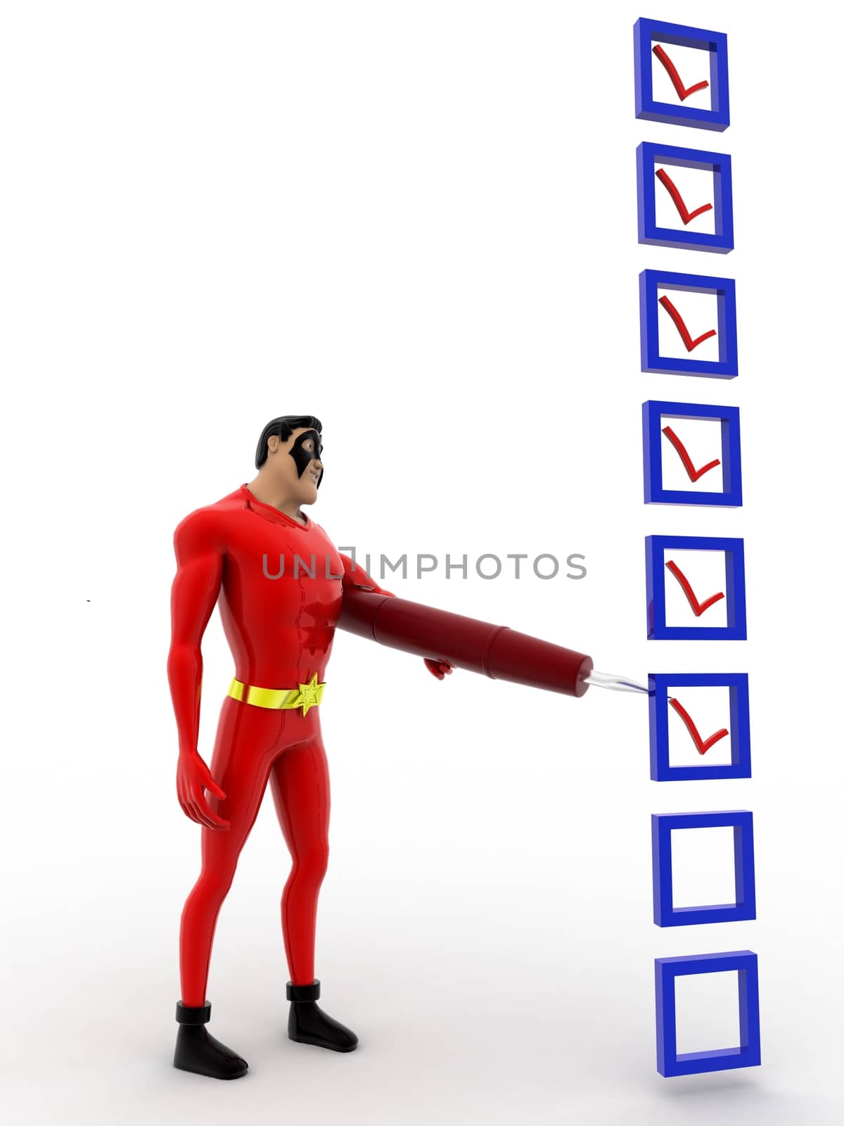 3d superhero  mark on check list with pen concept on white background, front angle view