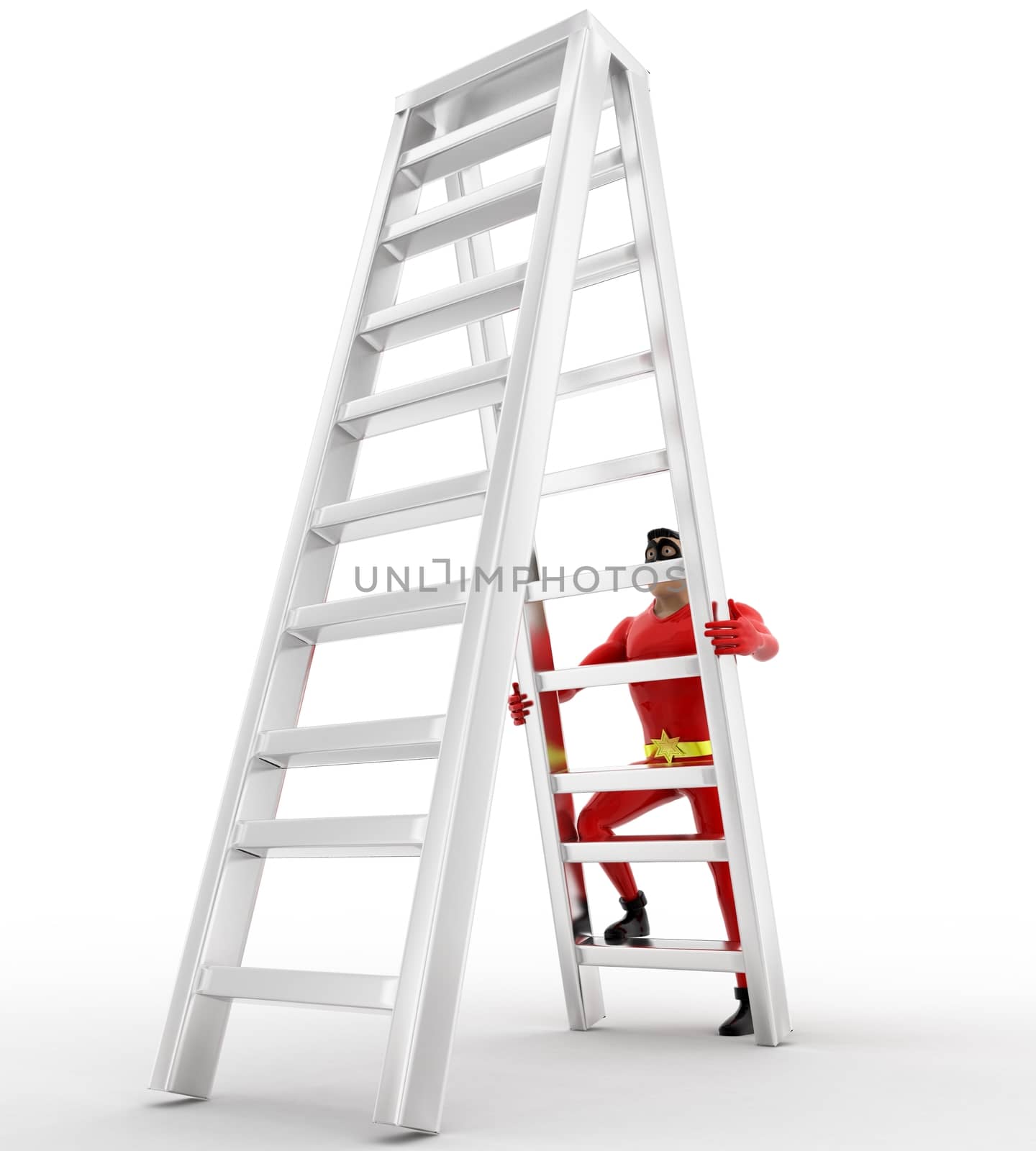 3d superhero  climb double sided ladder concept on white background, side angle view