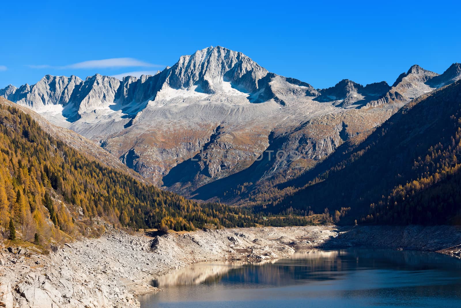 Peak of Care Alto (3462 m) and Lake of Malga Bissina in the National Park of Adamello Brenta. Trentino Alto Adige, Italy