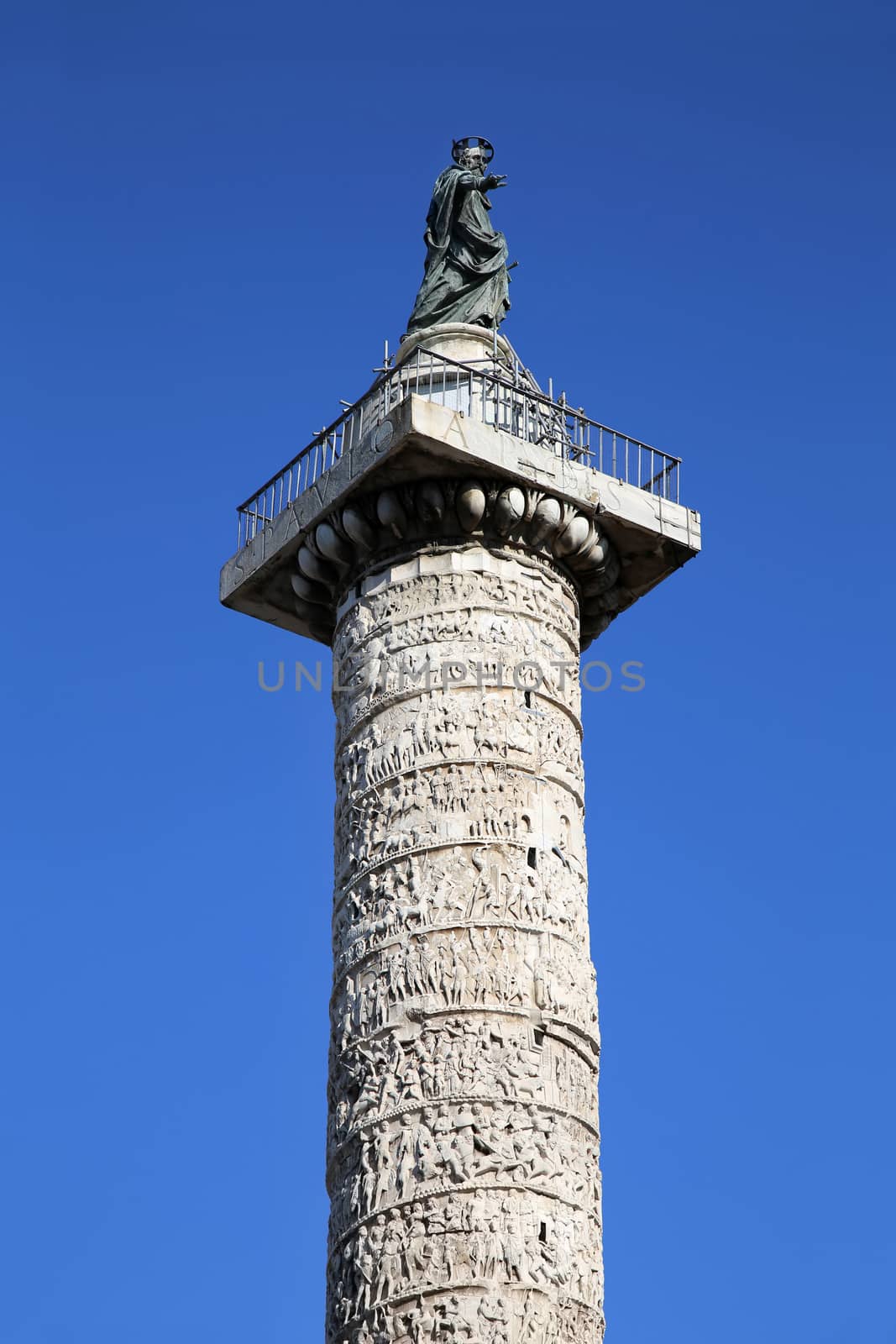 Column of Marcus Aurelius at Square Piazza Colonna in Rome, Italy