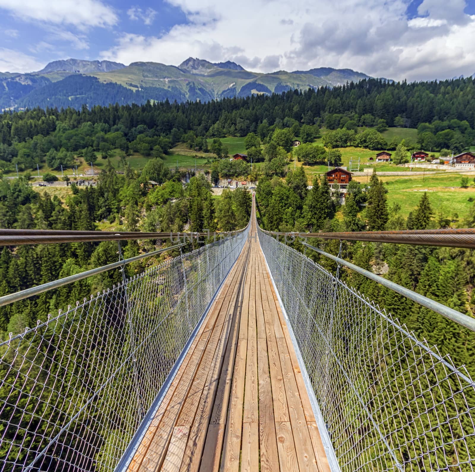 Suspended bridge over Lama gorge and between Bellwald and Ernenin in Valais canton, Switzerland