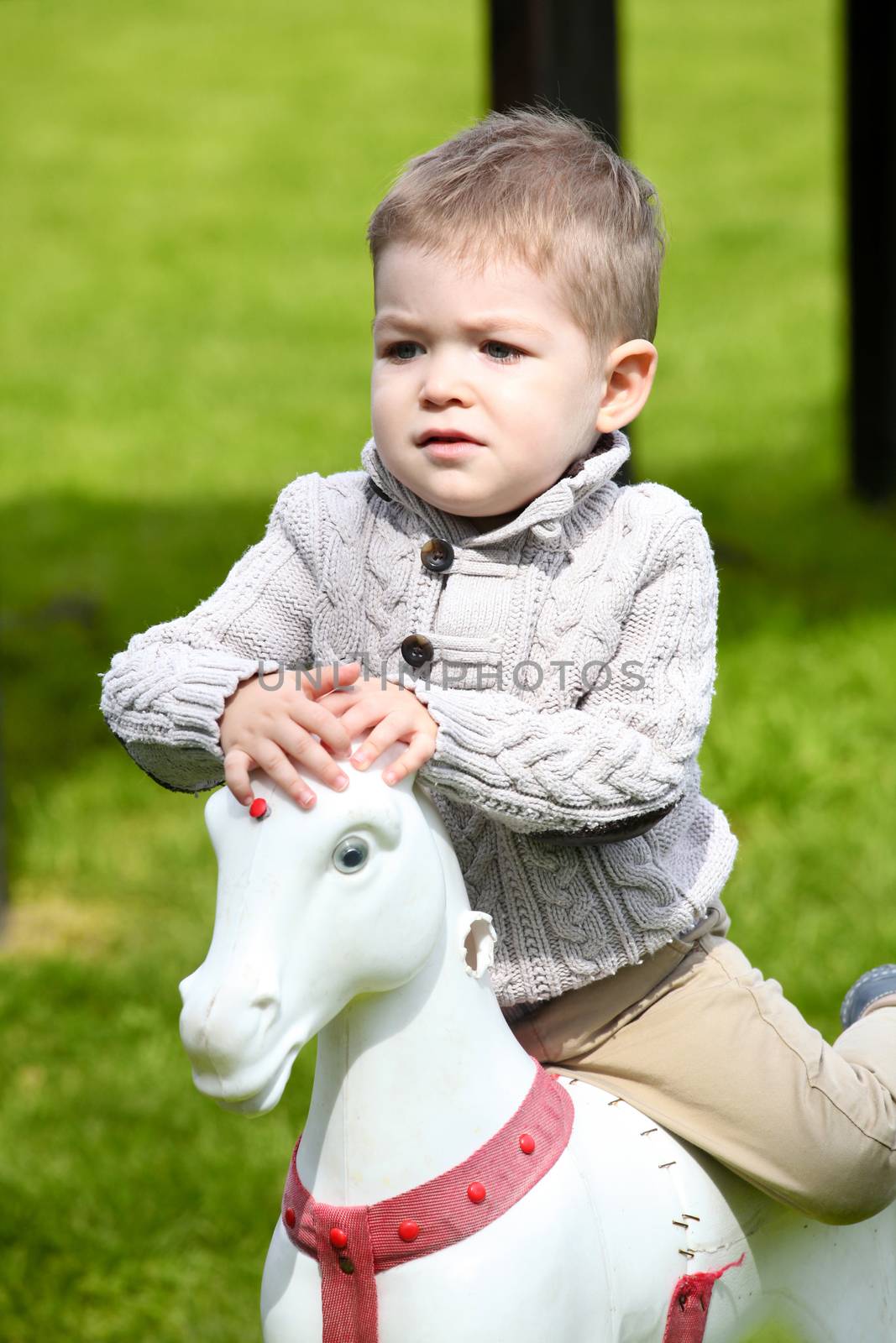 2 years old Baby boy playing with horse on playground 