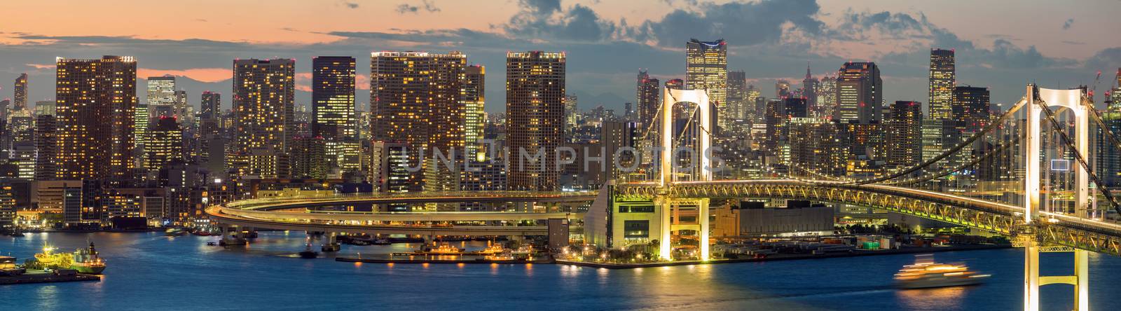 panorama Tokyo Tower skyline and Rainbow Bridge with cityscape at Odaiba Japan 