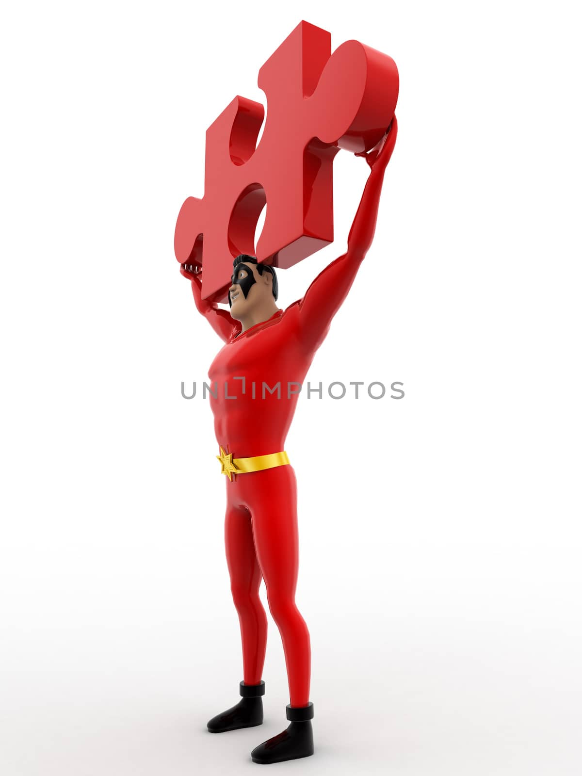 3d superhero holding red jigsaw puzzle piece in hand concept by touchmenithin@gmail.com