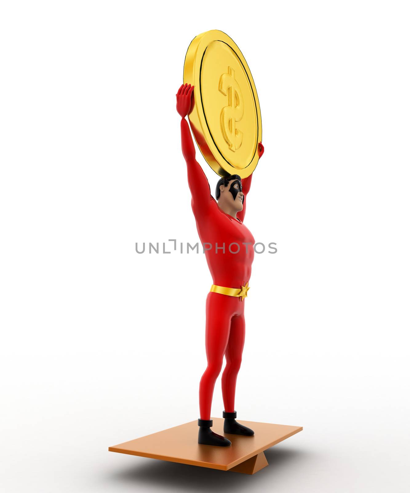 3d superhero balancing on seasaw and holding coin up concept by touchmenithin@gmail.com