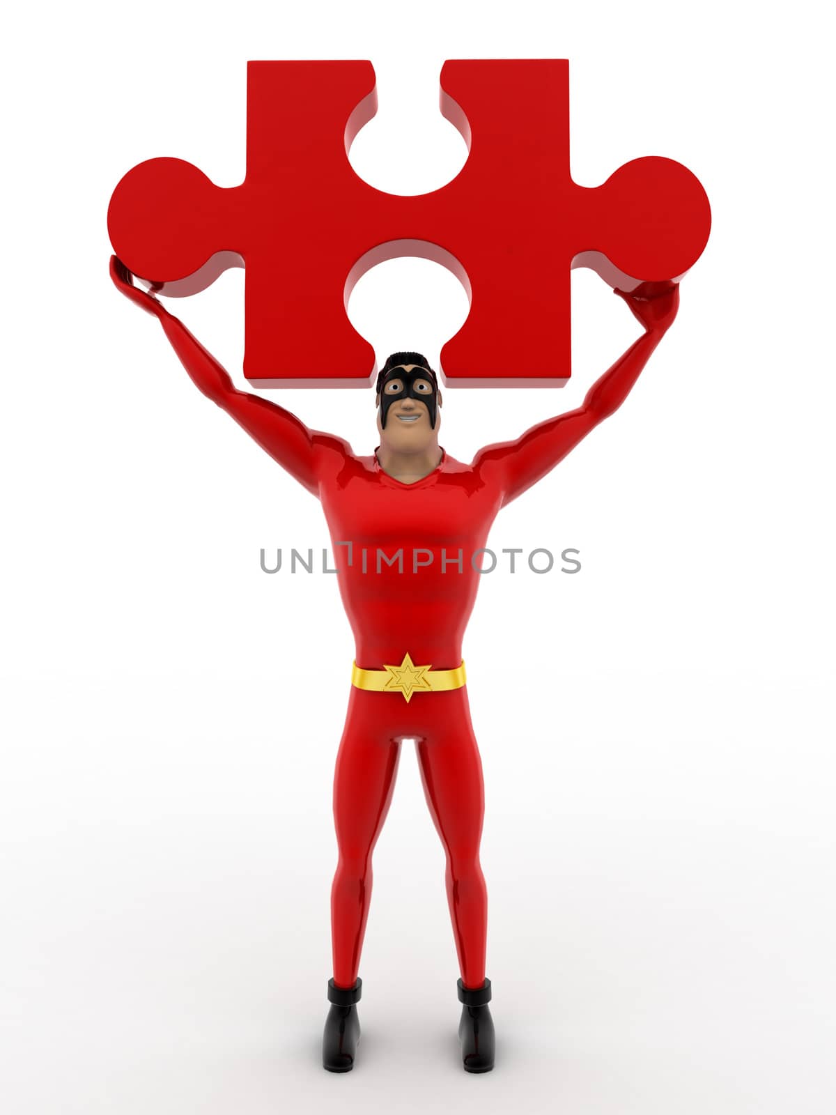 3d superhero holding red jigsaw puzzle piece in hand concept by touchmenithin@gmail.com