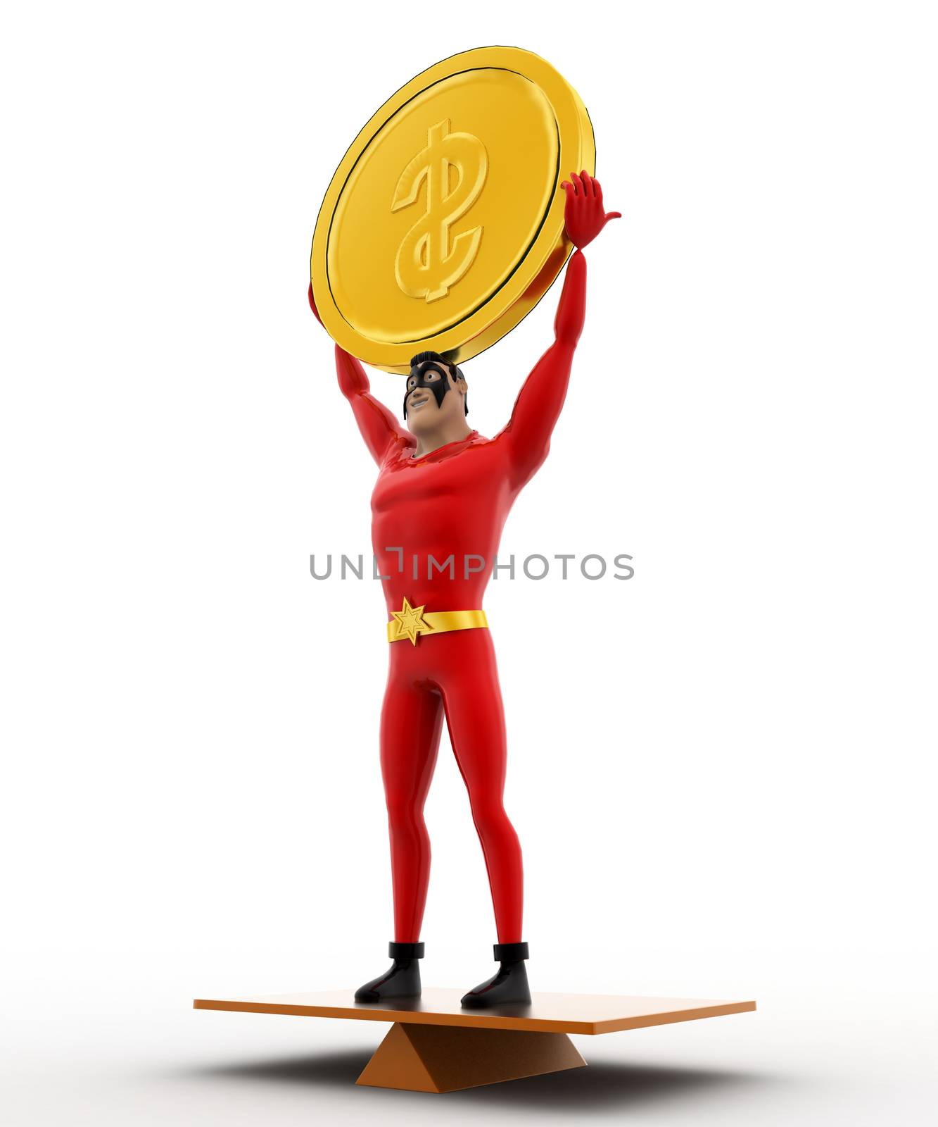 3d superhero balancing on seasaw and holding coin up concept by touchmenithin@gmail.com