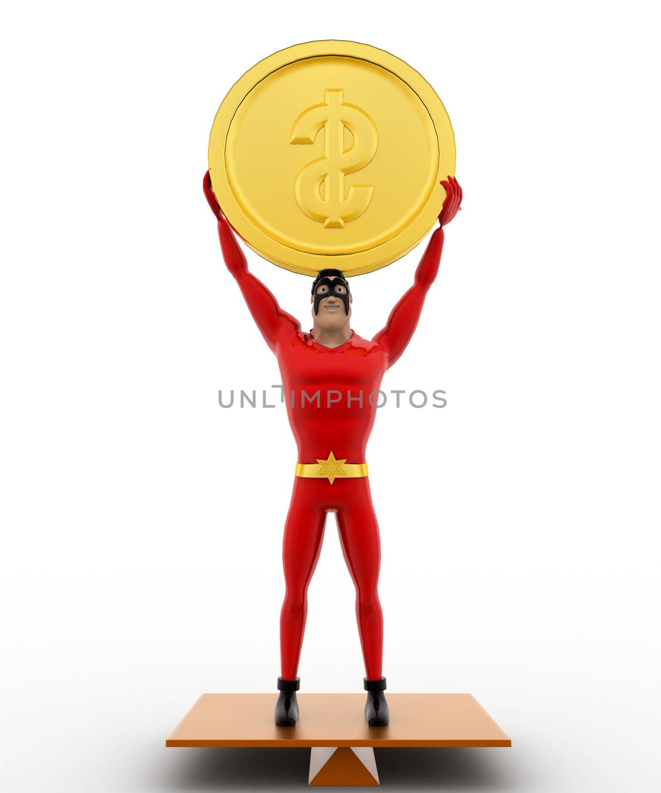 3d superhero balancing on seasaw and holding coin up concept by touchmenithin@gmail.com