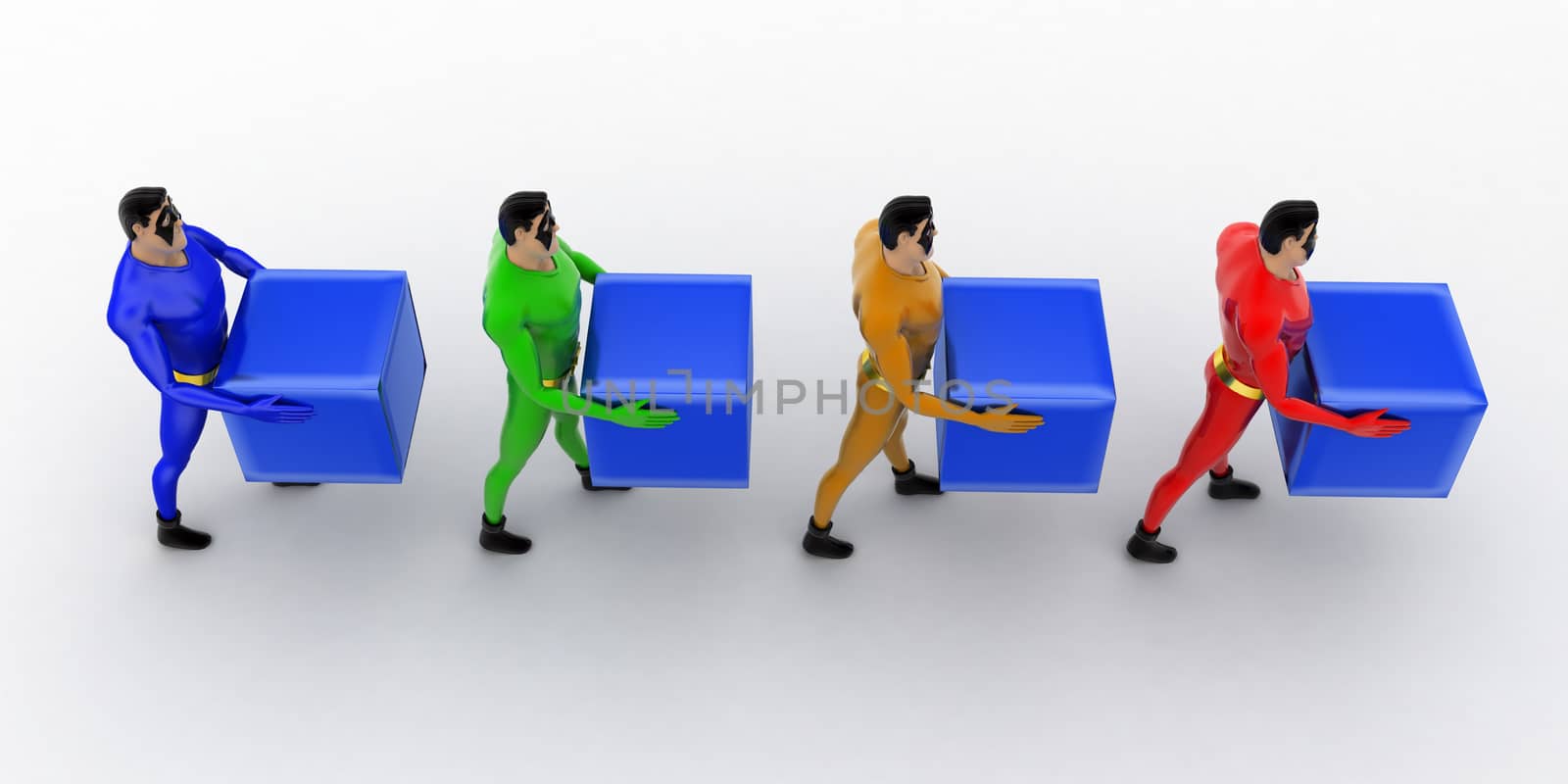 3d superheros in queue and holding square cubes concept by touchmenithin@gmail.com