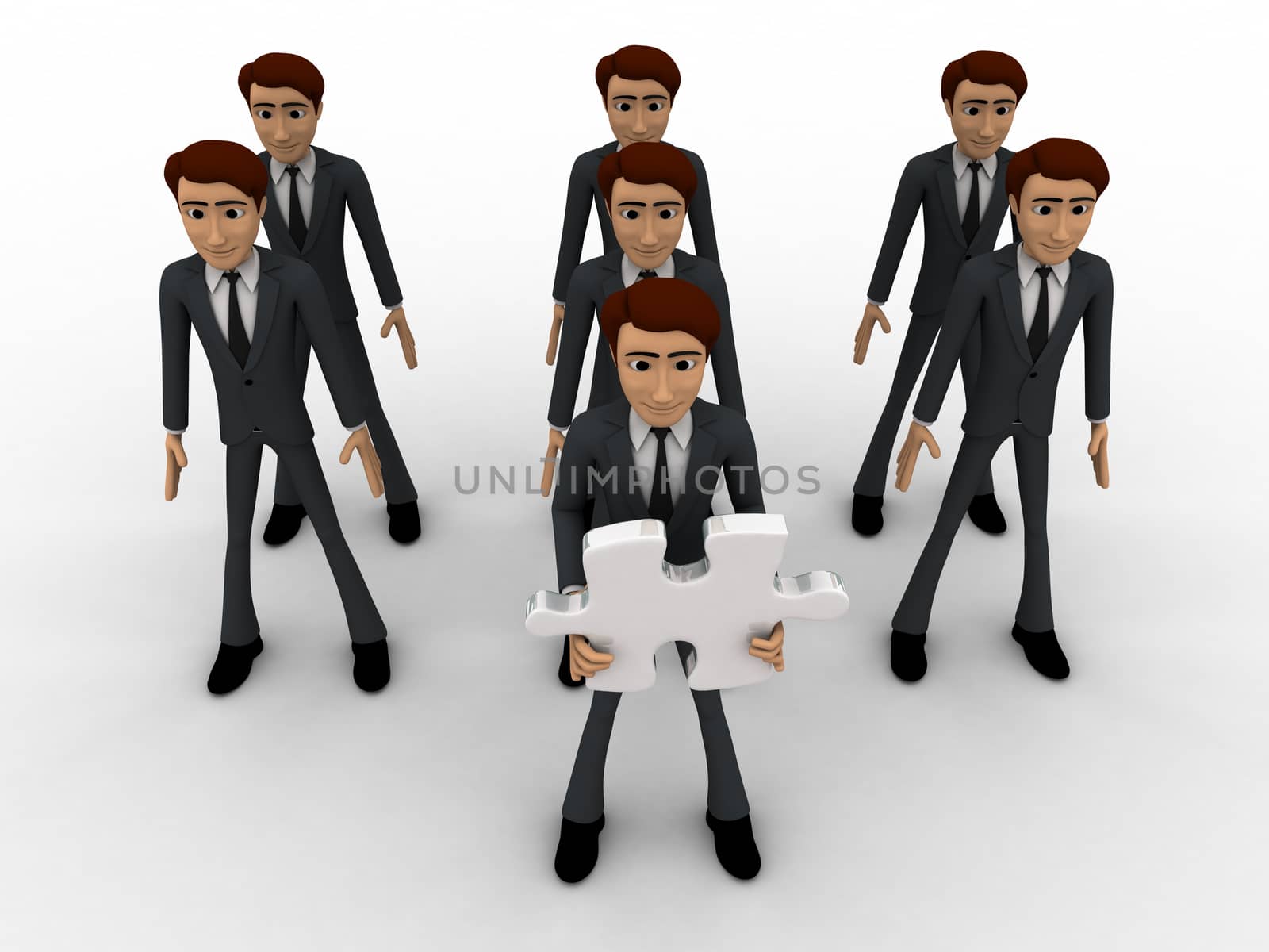 3d men in three line and one man holding puzzle piece with text here concept on white background, top angle view