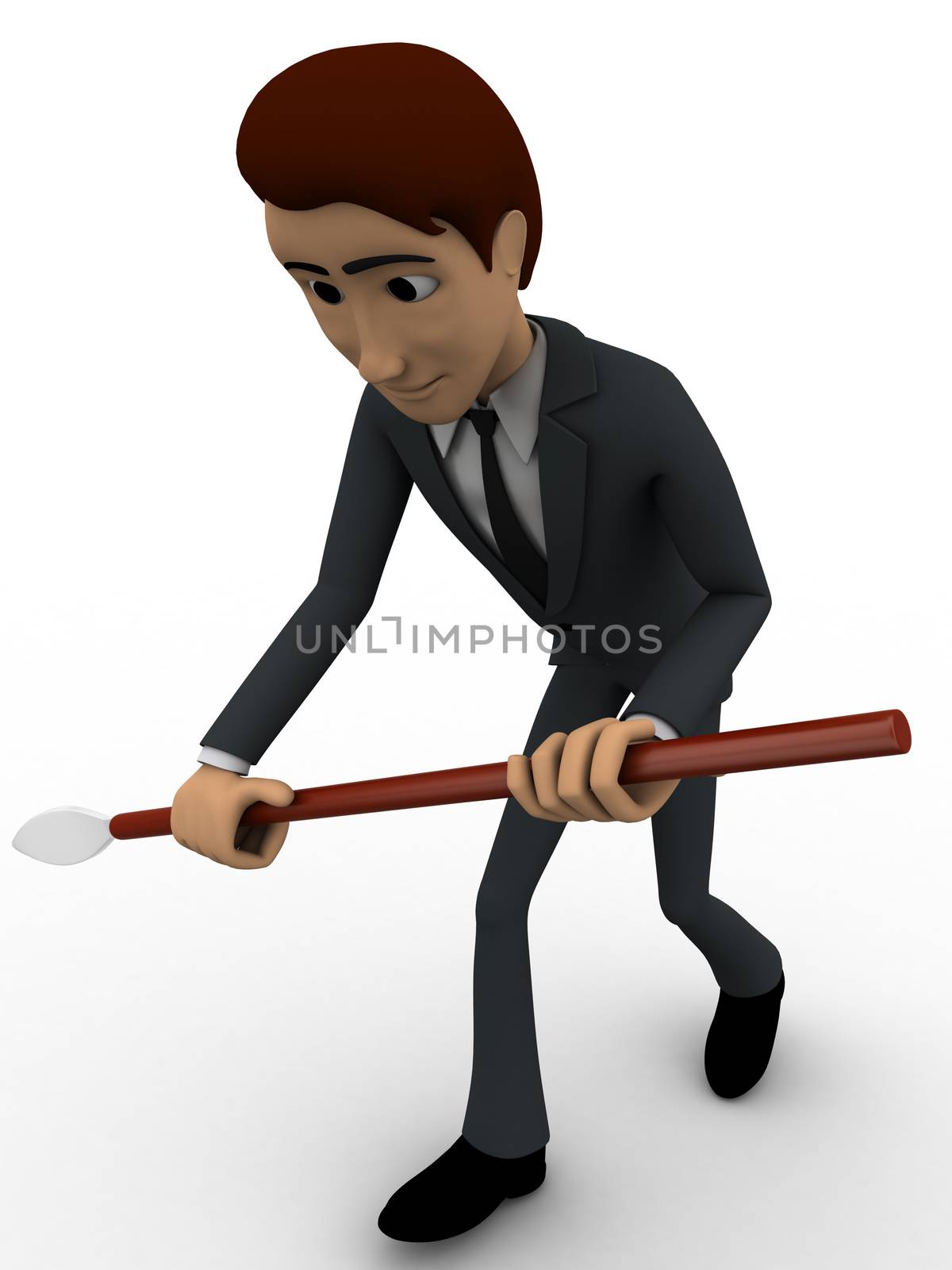 3d man going gor hunt with spear concept on white background, front angle view