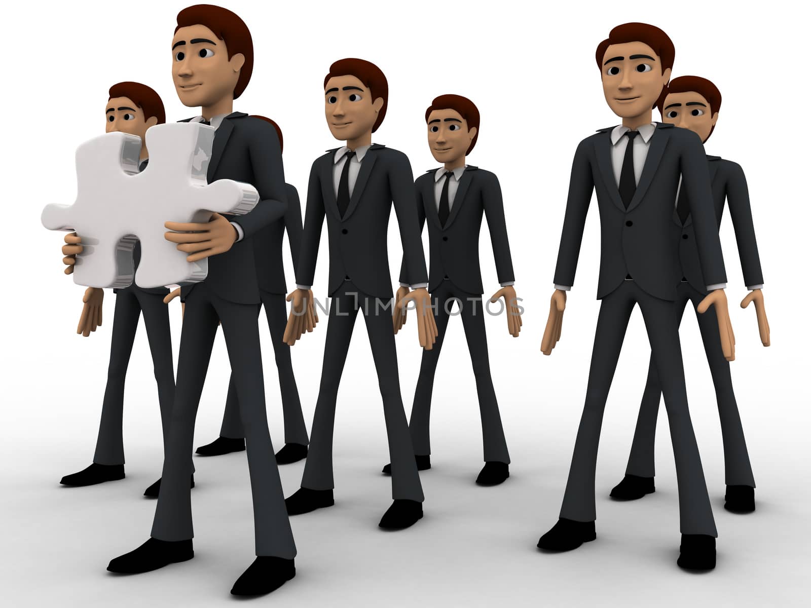 3d men in three line and one man holding puzzle piece with text  by touchmenithin@gmail.com