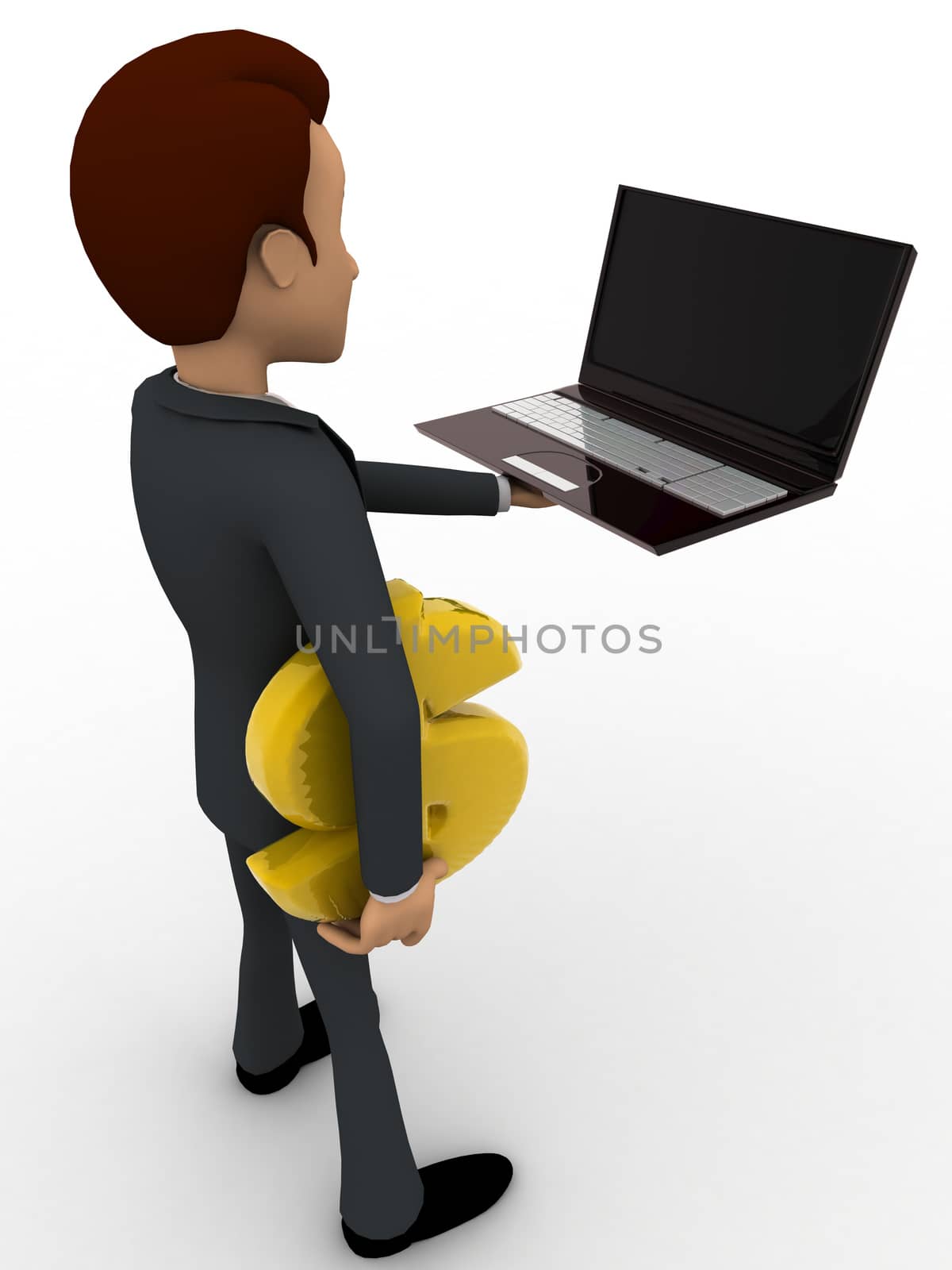 3d man holding laptop in one hand and dollar symbol in another hand concept on white background, side angle view