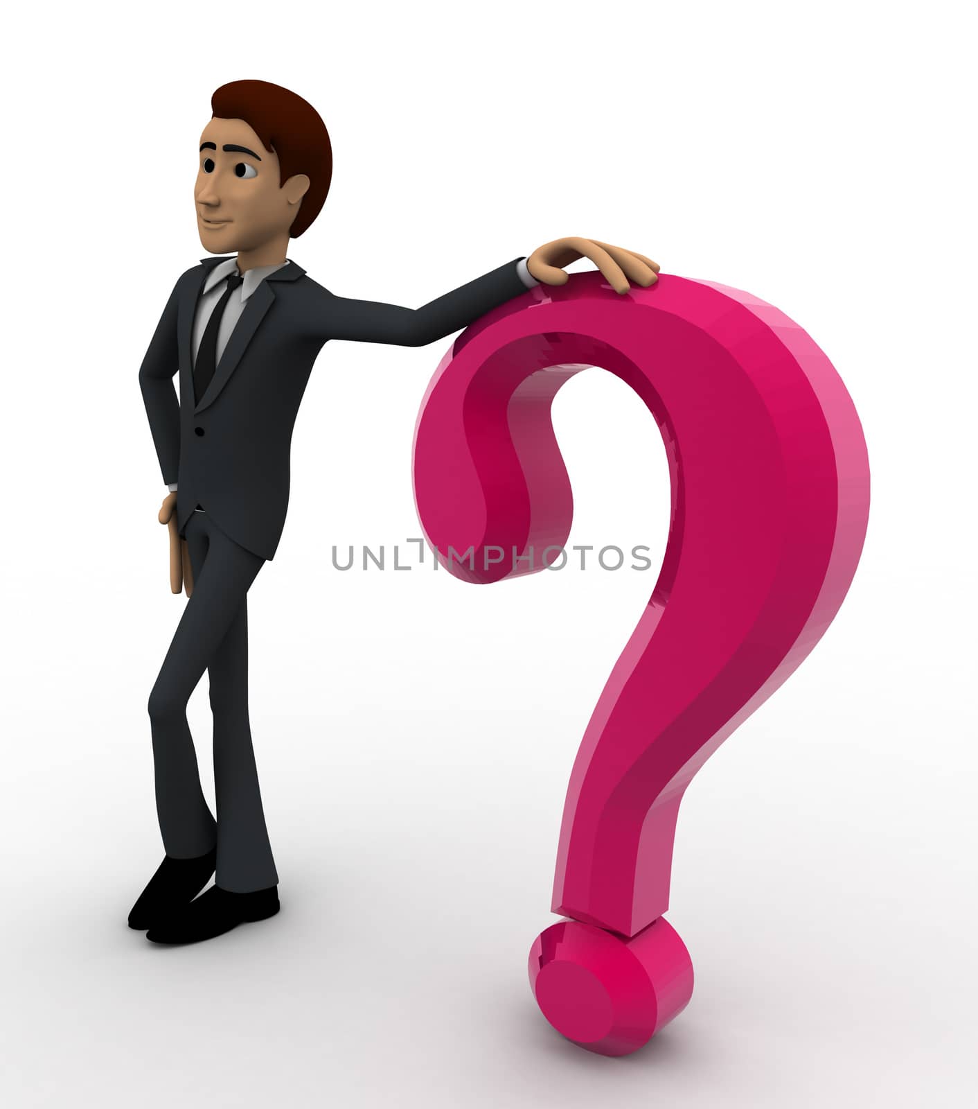 3d man standing beside pink question mark symbol concept on white background,  side angle view