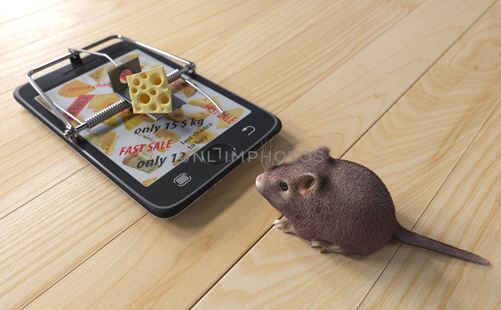 virtual cheese. smartphone as mousetrap and mouse advertising concept