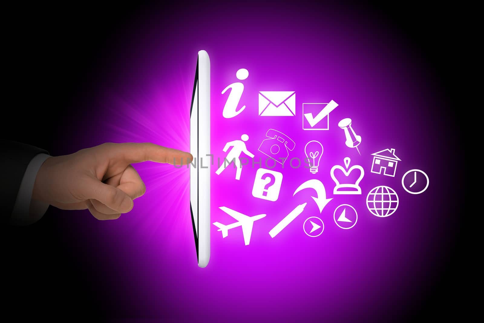 Humans hands and tablet with icons on abstract purple background