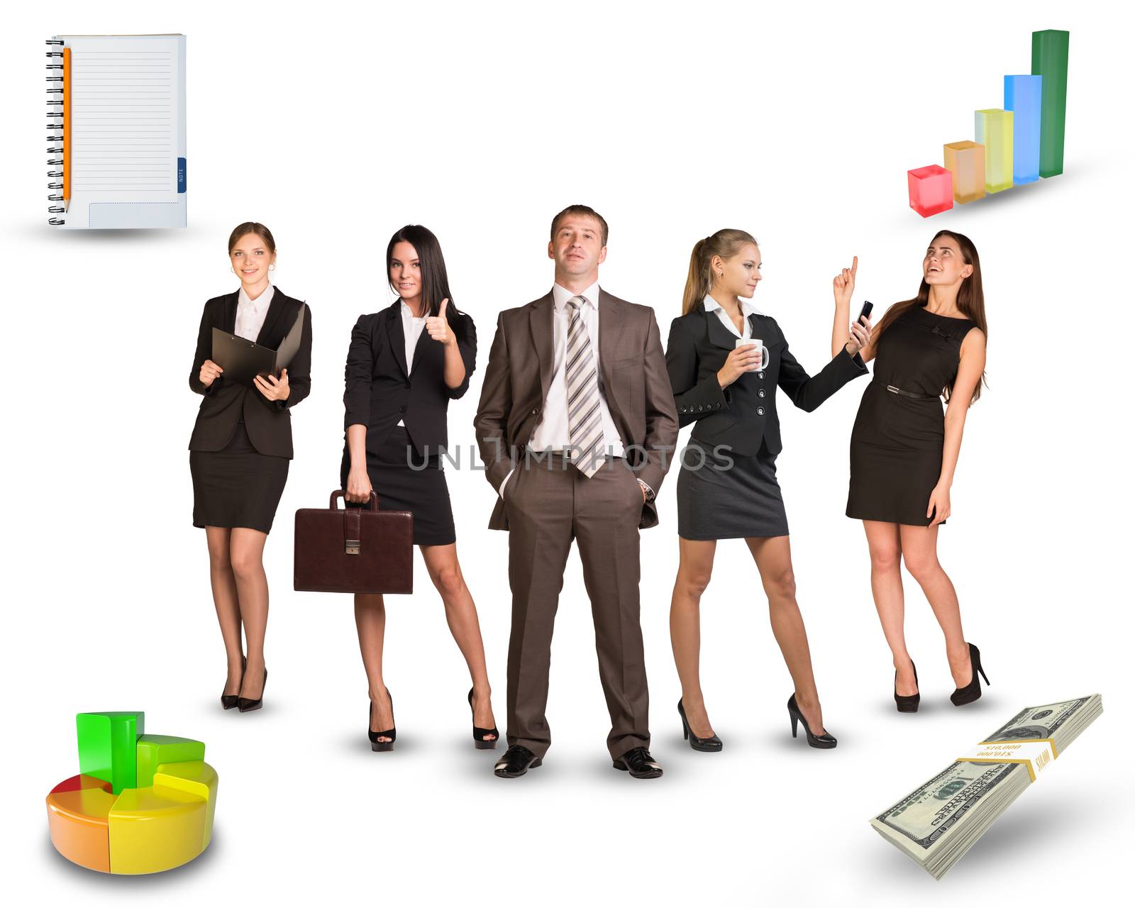 Group of young business people with graphs on isolated white background